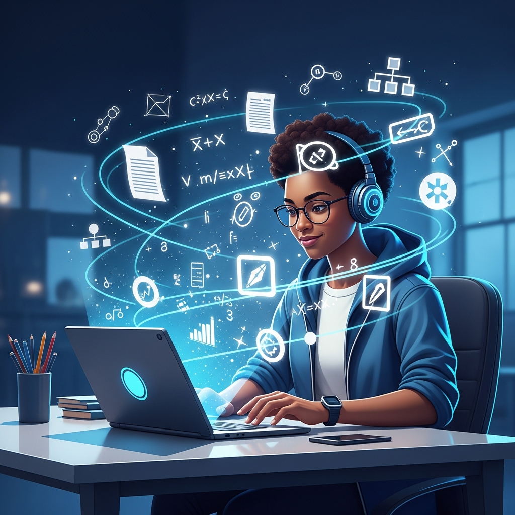 A diverse student, perhaps a young adult, sits at a sleek, modern desk with a laptop or tablet. Around them, subtle holographic projections and glowing abstract icons representing various academic functions (e.g., research papers, formulas, writing tools, organizational charts) emanate from the device, swirling constructively. The student is focused and has a confident, empowered expression, signifying AI as a helpful assistant that simplifies academic complexity. The scene is brightly lit and futuristic, using a vibrant digital illustration style.