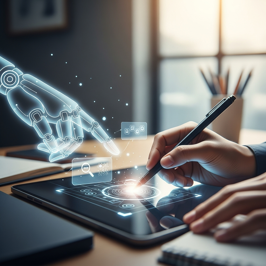 A contemporary digital illustration emphasizing human-AI collaboration. A human hand is actively writing or sketching on a digital tablet screen, while a slightly translucent, glowing, abstract AI hand (not robotic, more a digital extension) subtly mirrors or assists the human hand's movements. This interaction shows the AI offering subtle suggestions, highlighting key areas, or bringing up related visual information (represented by small, non-text icons like a magnifying glass or a question mark) on the screen, symbolizing augmentation rather than replacement. The background is a blurred, modern study environment.