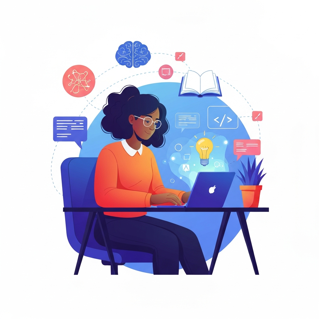 A vibrant, modern flat illustration depicting a diverse student (e.g., a young woman with glasses) seated comfortably at a sleek desk, engaged with a futuristic laptop or tablet. Around her, luminous, interconnected abstract shapes and glowing data streams visually represent AI assistance – think stylized brain synapses, abstract code snippets, and knowledge symbols like open books or lightbulbs emerging from the device's screen. The overall scene should convey ease, intelligence, and a seamless integration of AI into academic life. Colors should be bright and optimistic.