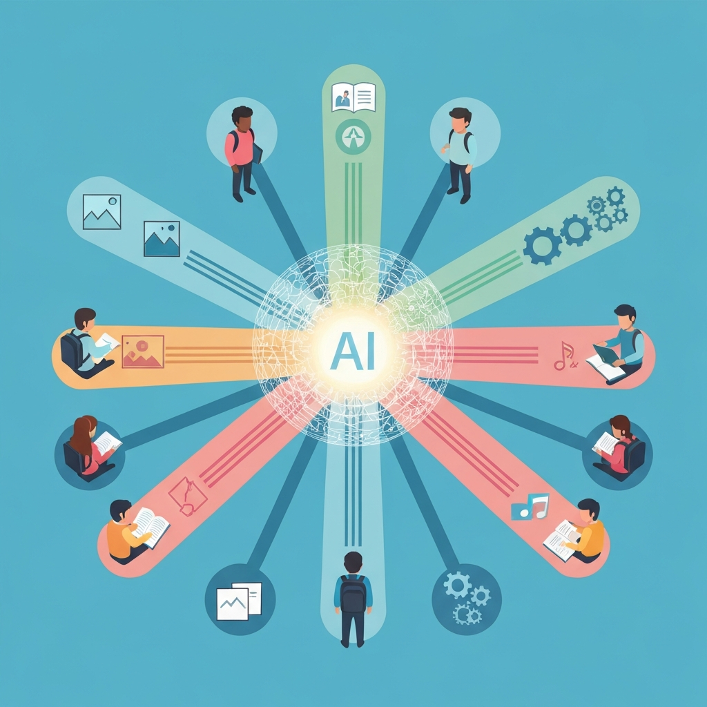 An infographic-style conceptual illustration showcasing personalized learning. A central, glowing spherical AI core or brain-like structure emits multiple distinct, color-coded learning pathways. Around this core, a diverse group of stylized student avatars (each representing a different learning style, e.g., one visual, one auditory, one hands-on) is shown interacting with their unique pathways, represented by different abstract symbols like image icons, sound wave patterns, or gear mechanisms. The pathways should flow towards each student, indicating tailored experiences.