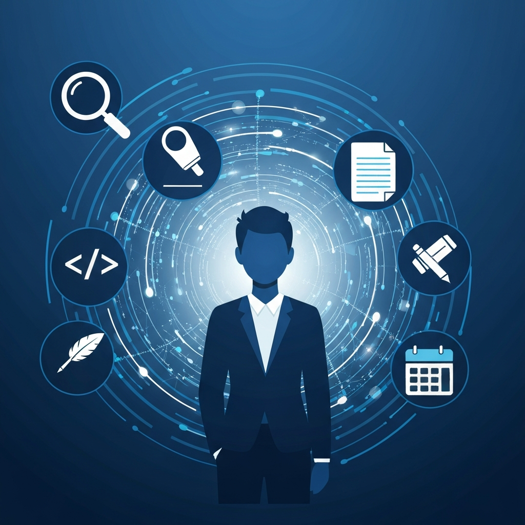 A dynamic, abstract vector illustration emphasizing AI-powered student productivity. The central focus is a calm, confident student silhouette or minimalist figure, surrounded by a swirling vortex or interconnected network of common academic task icons. These icons include a research magnifying glass, a writing quill and paper, a coding bracket, a calculator, and a calendar for planning. Glowing digital lines and a subtle, benevolent AI presence (e.g., a subtle digital glow or neural network pattern) connect these tasks, symbolizing automation and streamlined workflow.