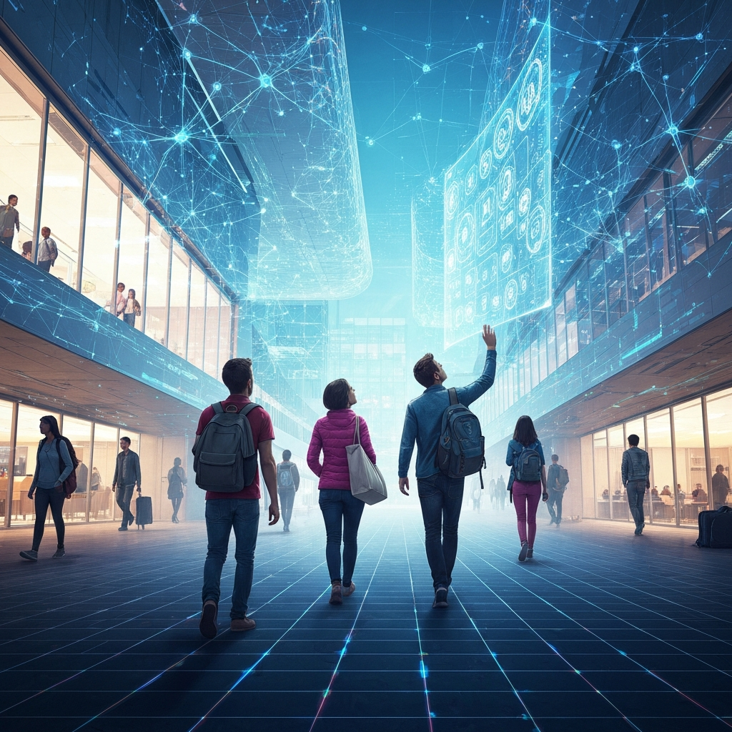 A professional digital art illustration envisioning an advanced academic campus in 2026. Futuristic architecture is subtly integrated with glowing neural network patterns and abstract data streams that flow through the environment. A diverse group of students walks through this vibrant, technologically infused landscape. One student might be looking up at a transparent, holographic projection displaying complex information or knowledge symbols, representing the omnipresence and accessibility of AI in their learning journey. The atmosphere should be forward-thinking and inspiring.