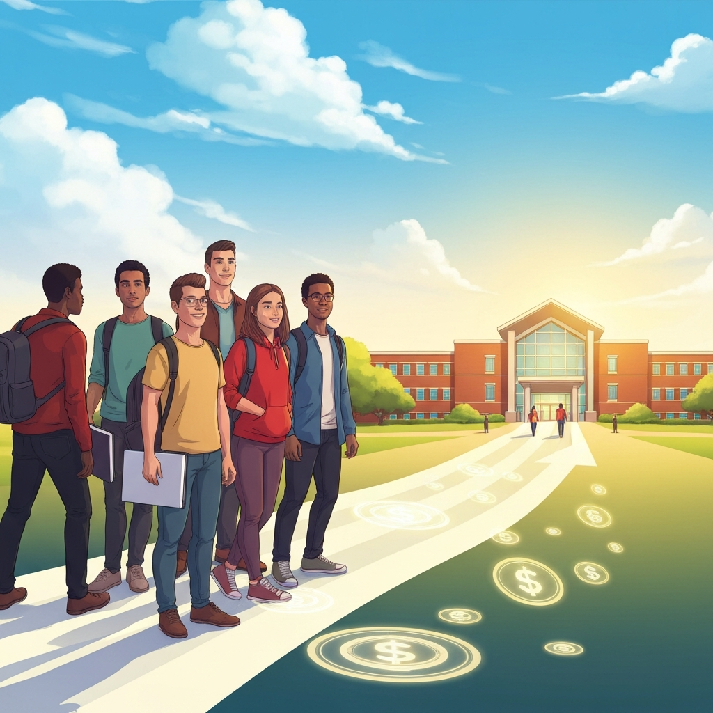 A vibrant, optimistic digital illustration depicting a diverse group of international students from various ethnic backgrounds. They stand on a bright, upward-leading path that visually unfurls like a scroll, subtly embedded with glowing scholarship icons and currency symbols. In the distance, a modern, stylized US university campus building with an inviting entrance is bathed in warm sunlight. The students appear determined and hopeful, gazing towards their academic future.