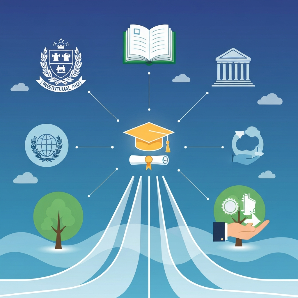 A clean, modern flat illustration presented as an infographic-style landscape. Various distinct graphical elements represent different scholarship sources: a prominent university crest for institutional aid, a stylized open book for private organizations, a governmental building for government grants, and a caring hand for foundations. These diverse elements are connected by glowing, flowing pathways converging towards a central, glowing graduation cap and diploma, symbolizing academic achievement.