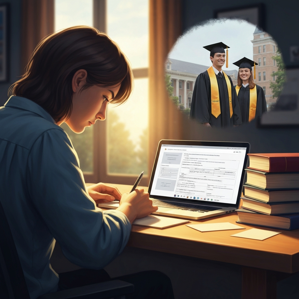A semi-realistic digital painting depicting a diligent international student, focused intently at a desk. The desk is illuminated by a warm, focused light, highlighting academic materials like a laptop displaying scholarship application forms (purely visual forms, no actual text) and stacks of books. In the background, a soft, dream-like blur reveals a successful graduation ceremony scene on a US campus, symbolizing the realization of academic aspirations through hard work.