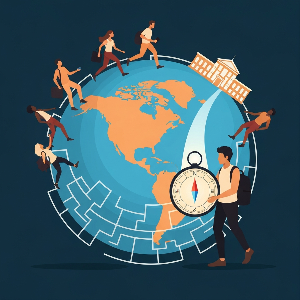 A modern, geometric vector illustration featuring a stylized globe, with North America centrally highlighted. Around the globe, several abstract, diverse student silhouettes are navigating a complex, winding maze or intricate web of pathways. One prominent student figure is holding a brightly glowing compass, which points towards a clear, open, and direct path leading towards a simplified, iconic representation of a US university building. The color palette should be hopeful and encouraging.
