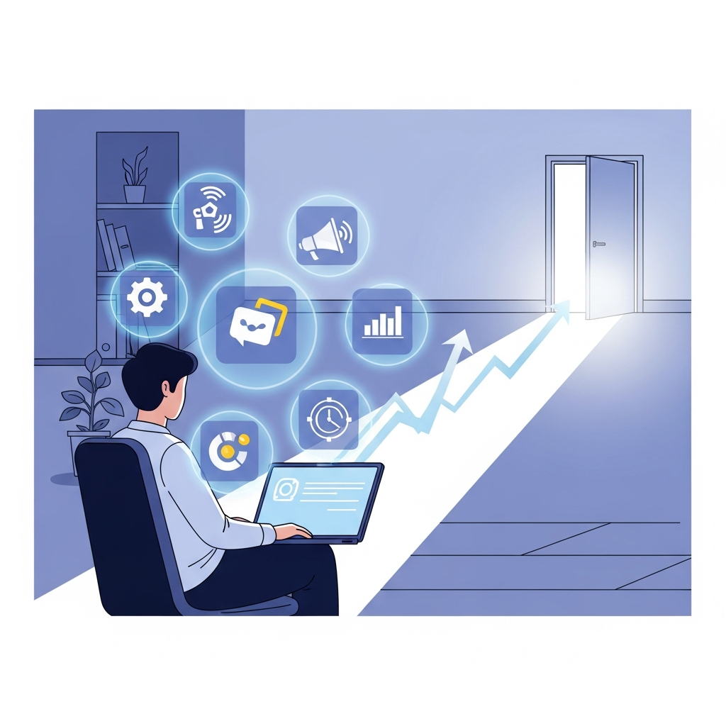 A vibrant, modern flat illustration. A person sits comfortably at a sleek laptop in a bright, minimalist home office. Around the laptop, several glowing abstract digital icons float, representing diverse certification fields like a gear for technology, a megaphone for digital marketing, and a bar chart for data science. A luminous, upward-trending pathway emerges from the laptop screen, leading towards a brightly illuminated, open door in the distance, symbolizing career opportunity and progression, all rendered with clean lines and a professional color palette.