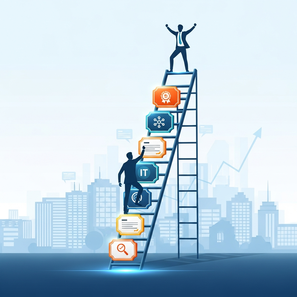 An infographic-style illustration depicting a stylized career ladder made of glowing digital certification badges. Each rung of the ladder is a distinct badge displaying a relevant skill icon (e.g., a magnifying glass for data analytics, a network symbol for IT). A generic, professional silhouette steadily climbs this ladder, moving from a lower rung towards a triumphant posture at the very top, overlooking a clean, abstract representation of a modern cityscape with subtle upward financial growth graphs. The color scheme is professional, with accents of bright, optimistic colors.