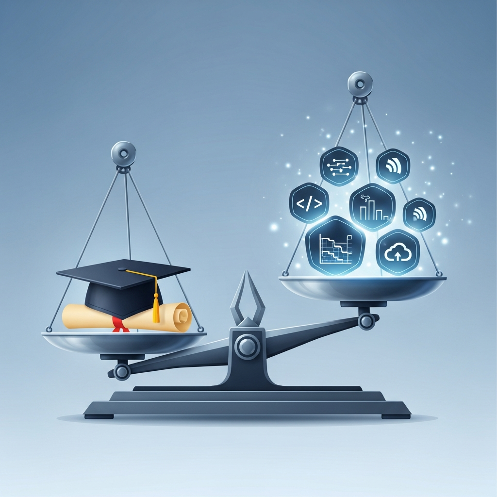 A symbolic vector art illustration featuring a large, modern weighing scale. On one pan, a traditional academic graduation cap and a rolled-up diploma scroll are placed. On the opposing pan, a collection of several distinct, glowing digital badges or icons representing highly valued skills such as lines of code, a project management Gantt chart, and a cloud symbol. The pan holding the digital skill badges is noticeably heavier and tipped downwards, visually emphasizing the increasing value of demonstrable skills over traditional degrees in the contemporary job market.