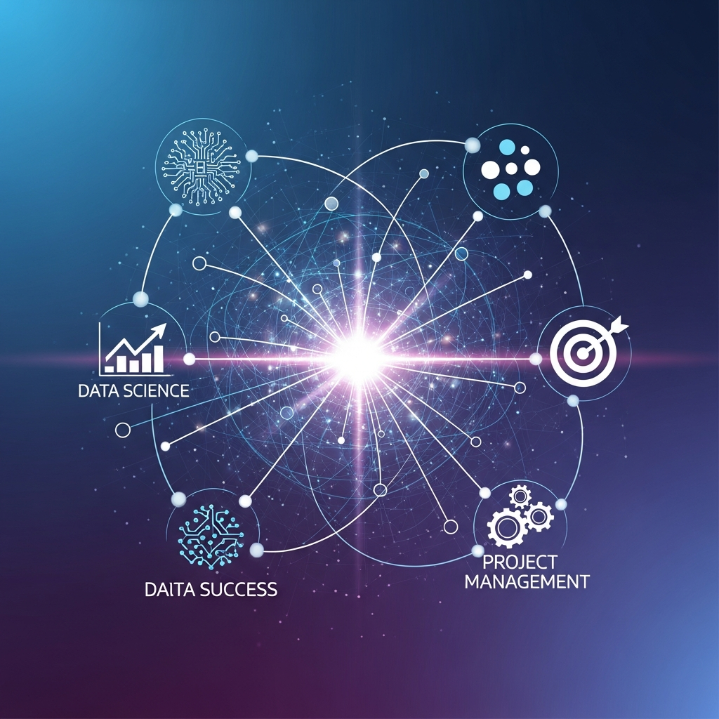 A dynamic and sophisticated digital art illustration depicting an interconnected network of professional fields. Abstract symbols representing technology (circuit board patterns), data science (scatter plot), digital marketing (target icon), and project management (interlocking gears) are organically linked by glowing lines and nodes, forming a complex, futuristic web. In the center of this network, a bright, radiating core represents career success and high earning potential, drawing all these skill pathways together. The background is a soft gradient of digital blues and purples, giving a futuristic and innovative feel.