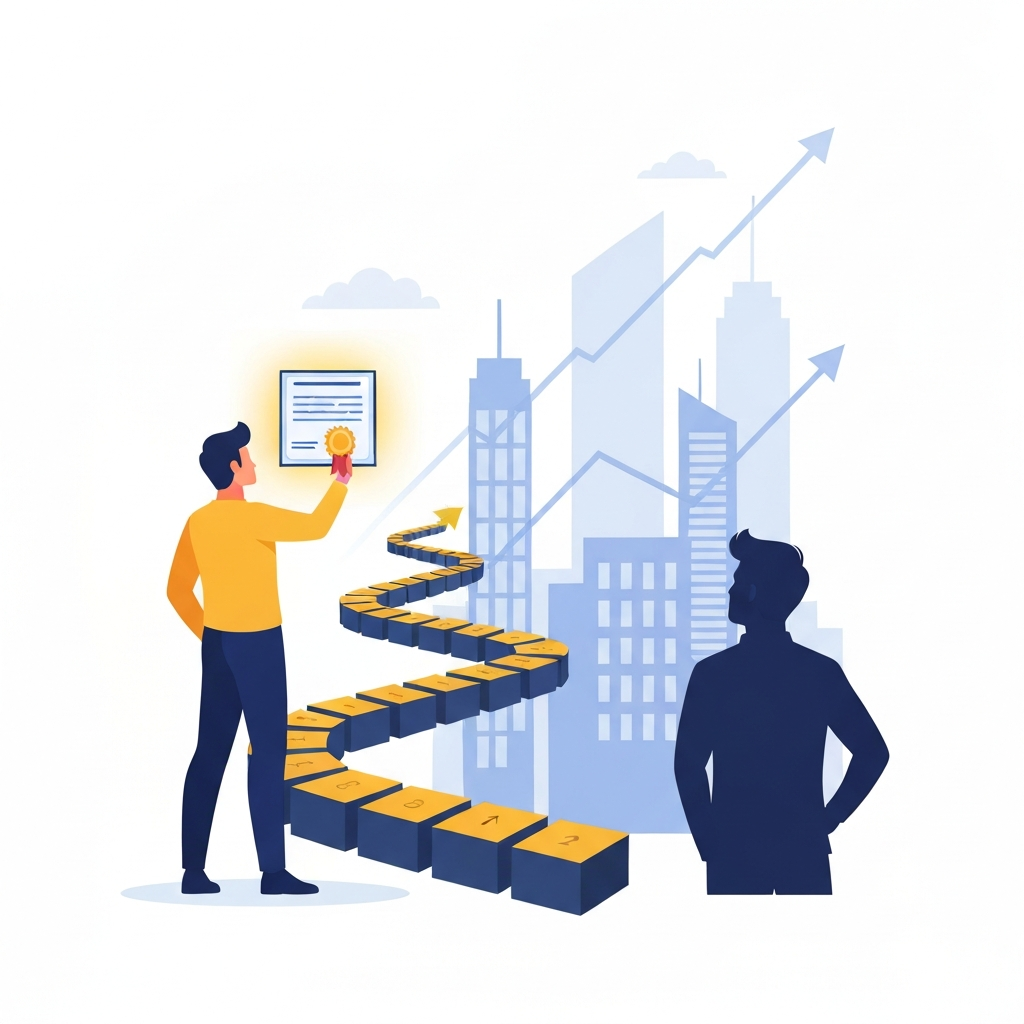 A vibrant flat illustration depicting a metaphorical journey. A determined individual holds a glowing digital certificate, standing at the start of a winding, ascending path. This path, made of interconnected knowledge blocks, leads towards a successful future represented by a silhouette of a person confidently gazing at a modern city skyline with subtle upward trend lines. The overall mood is optimistic and empowering, using a bright, professional color palette.
