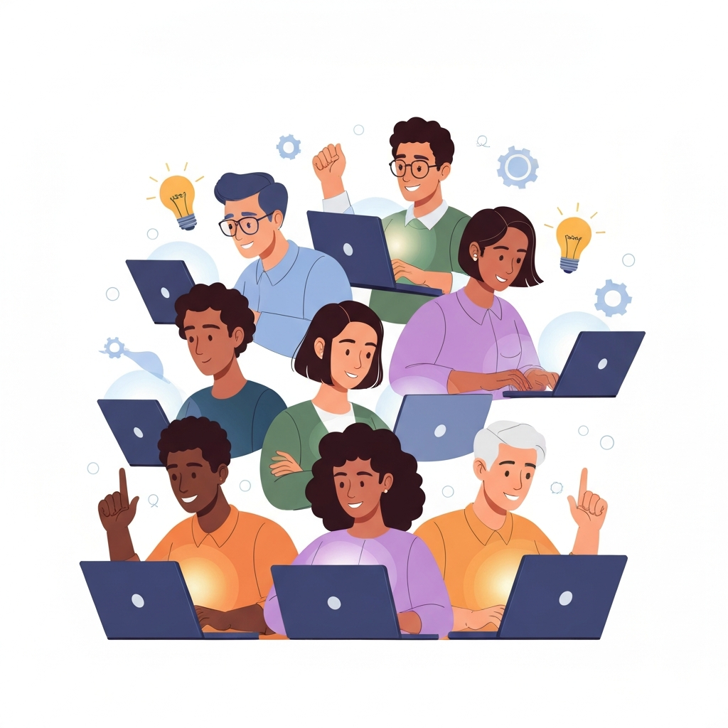 A stylized character illustration featuring a diverse group of individuals (representing various ages and backgrounds) enthusiastically engaged in online learning. Each person is focused on a laptop or tablet, with subtle glows emanating from their screens, symbolizing knowledge acquisition. Their expressions convey determination, curiosity, and empowerment. They are surrounded by abstract elements like lightbulbs or gears, indicating active thought and skill development. The scene feels modern and inclusive.