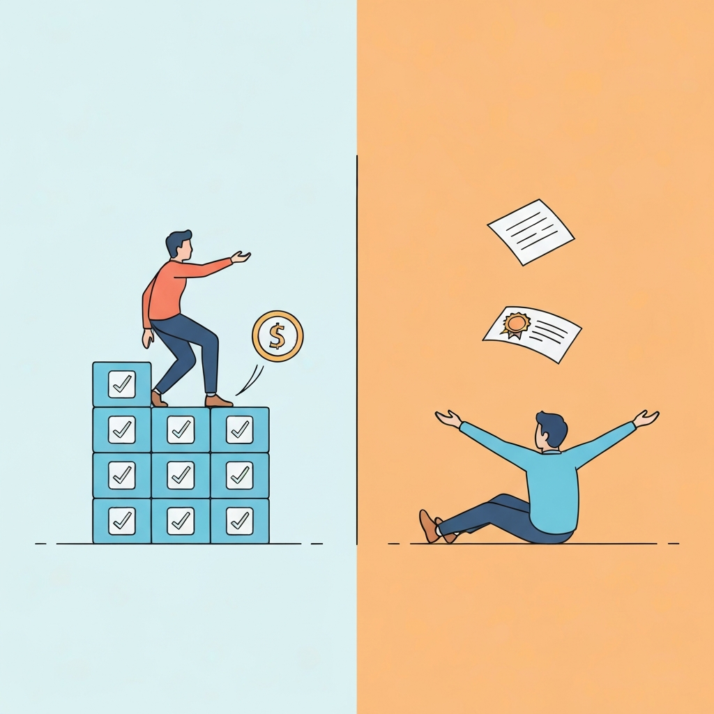 An infographic-style illustration contrasting two distinct approaches. On one side, a person actively climbs a staircase constructed from abstract 'skill block' icons, showing effort and progression, leading to a visible achievement symbol. On the other side, a person sits passively, arms outstretched, waiting for a generic 'prize' or 'certificate' to fall, looking unfulfilled. A clear visual divider separates these two scenes, highlighting the difference between diligent effort and passive expectation, using clean lines and contrasting muted vs. vibrant colors.