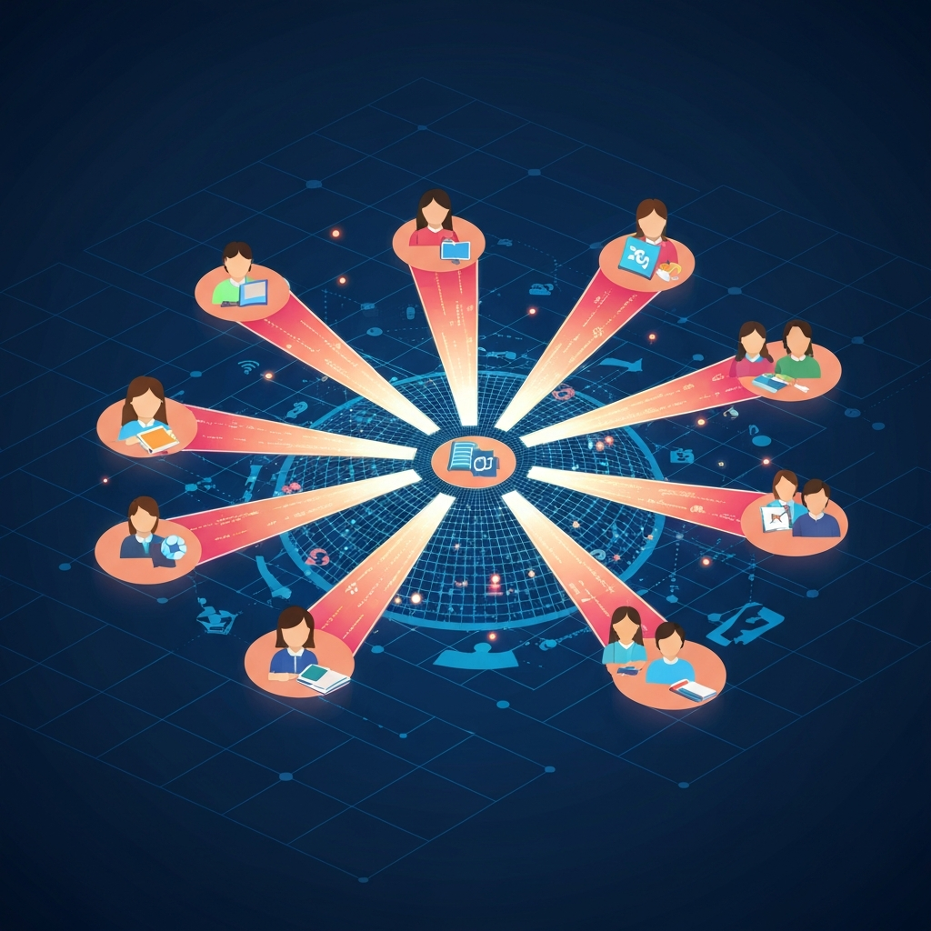 A futuristic and interconnected flat illustration centered around a stylized globe or a vast digital network grid. Abstract, glowing icons representing various educational platforms and technology companies (not specific logos) emanate powerful data streams or learning pathways. These streams connect to multiple diverse learners scattered across the network, symbolizing the democratization of education and the global reach of free online certifications. The scene emphasizes innovation and widespread access to knowledge.