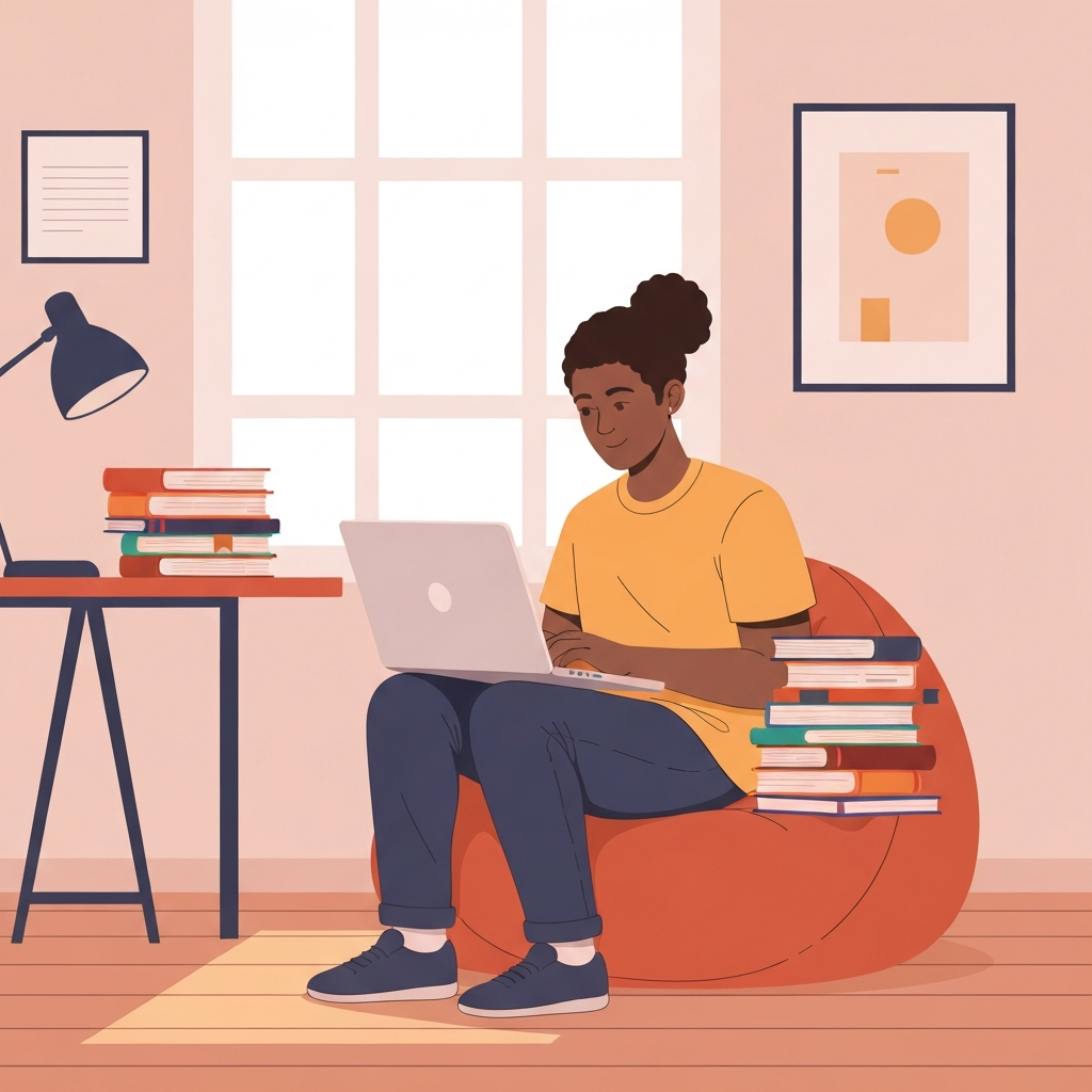 A serene flat illustration depicting a diverse college student comfortably working on a laptop from a sunlit dorm room. Textbooks and notes are neatly stacked on a nearby desk or beside them on a comfy beanbag chair. The student has a focused yet relaxed expression, symbolizing the flexibility and balance between academics and online work. Soft colors dominate the scene, creating a peaceful and productive atmosphere, highlighting how online jobs fit seamlessly into a student's life.