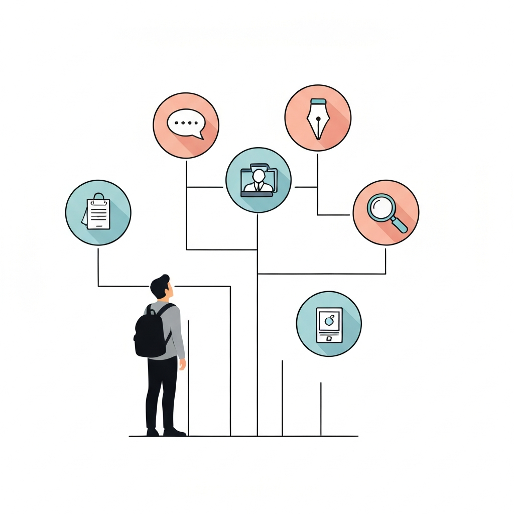 An infographic-style illustration demonstrating pathways to online work for beginners. At the bottom, a stylized silhouette of a student stands, looking up at several branching paths. Each path leads to a distinct abstract icon representing a common entry-level online job type (e.g., a speech bubble for customer service, a pen nib for content creation, a magnifying glass for research). The overall graphic should convey simplicity, growth, and the abundance of opportunities without requiring prior experience. Clean lines and modern colors are used.