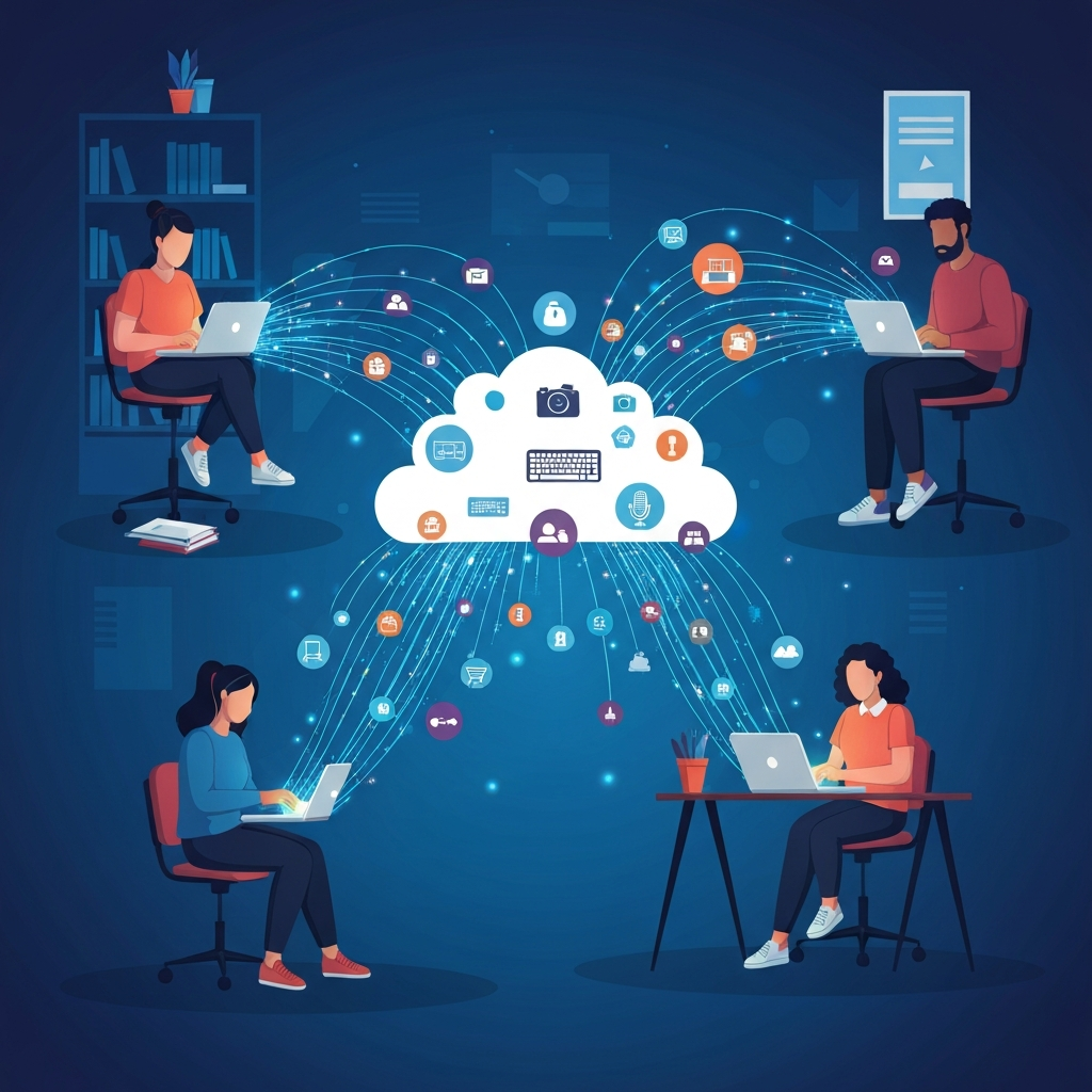 A dynamic, modern vector illustration showcasing the vast digital landscape of opportunities. Several diverse student figures (representing high school, undergraduate, and graduate levels) are positioned in different settings (e.g., one in a library, one on a couch, one at a desk), each interacting with a glowing laptop or tablet. From these devices, abstract digital lines or light trails converge towards a central, expansive cloud-like network filled with diverse, small, generic job icons (e.g., a camera, a keyboard, a microphone, a shopping cart). The scene pulsates with digital energy and connection.