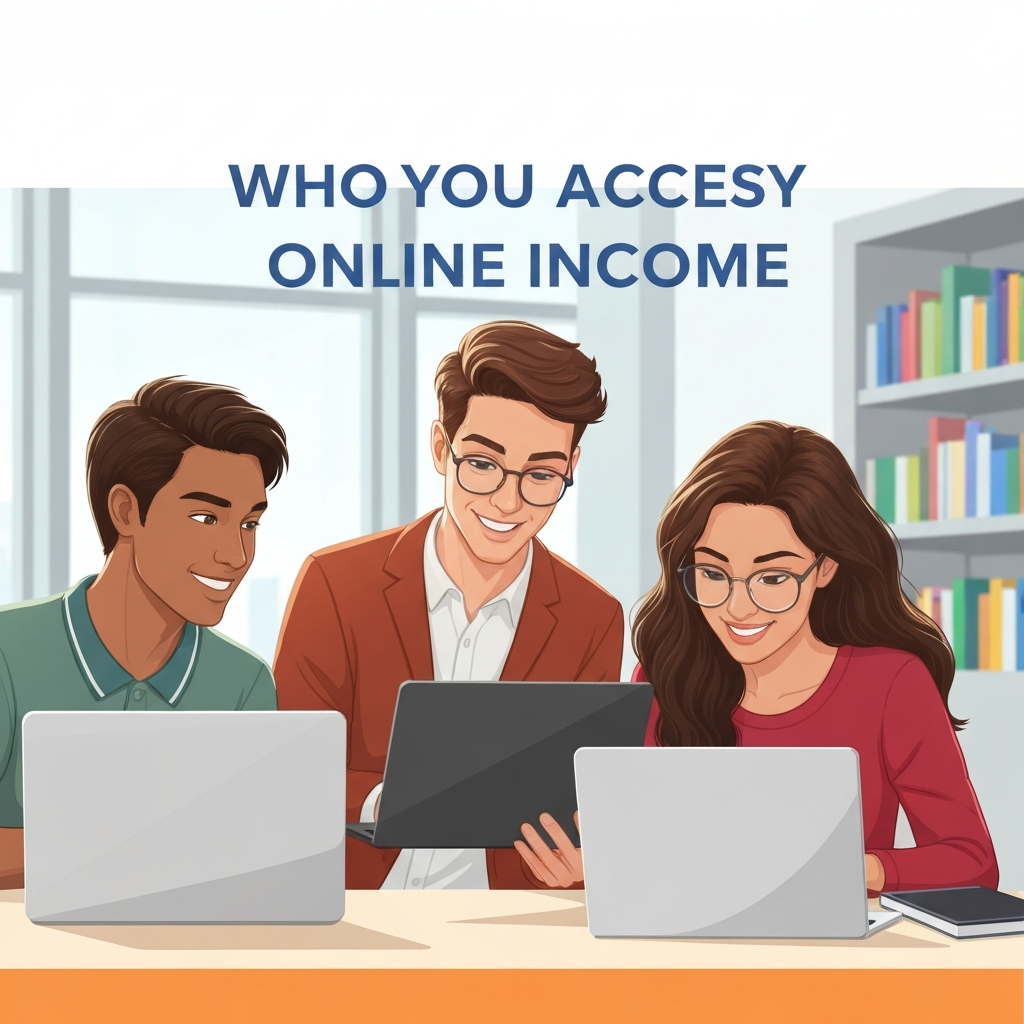 A vibrant, character-focused illustration featuring a group of three diverse students (one high school-aged, one college-aged, one slightly older, perhaps grad student) collaboratively and confidently engaged with their laptops or tablets. They are in a bright, modern academic setting like a university common area or library, but each is focused on their own screen. Their expressions convey empowerment, success, and the ease of accessing online income, reinforcing the 'who this is for' message with a positive, aspirational tone.