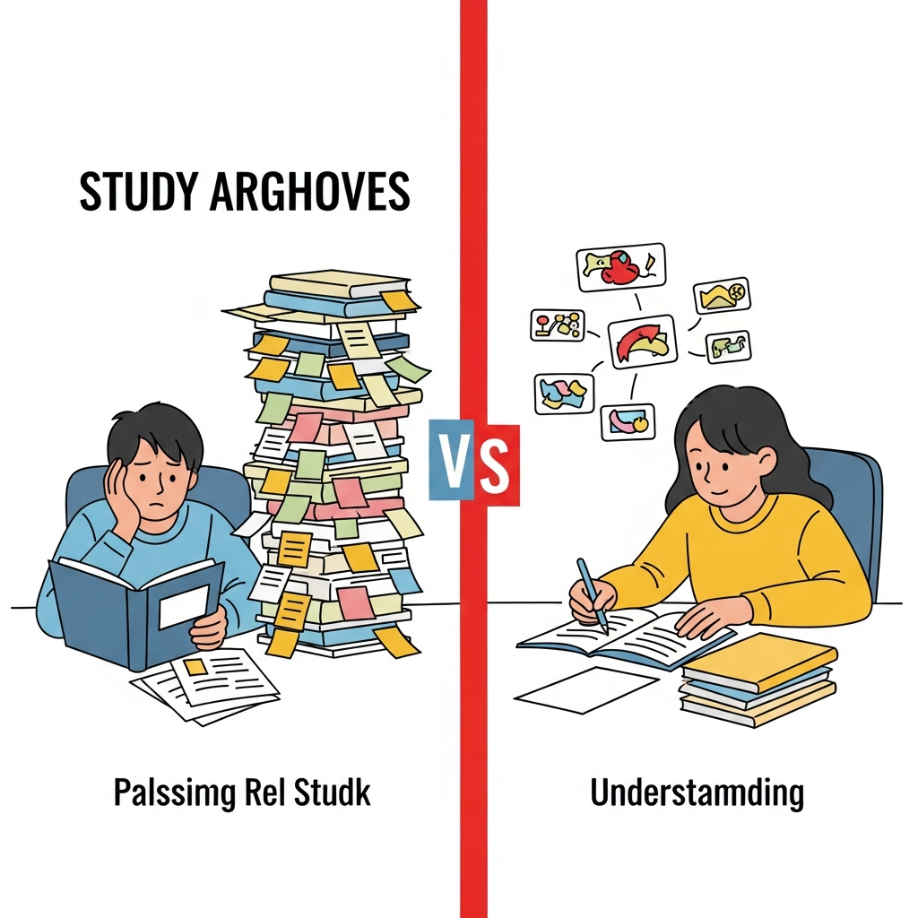 A conceptual illustration contrasting two study approaches. On the left, a student is passively re-reading a textbook, looking bored and overwhelmed by a towering pile of highlighted notes, indicating wasted effort. On the right, a different student actively engages with learning, perhaps creating a mind map or using abstract visual cues to represent memory retrieval, with an expression of focused understanding and fewer, more organized study materials. The split is clear, highlighting the efficiency of the right side. Style: Clean, modern flat illustration with a stark visual contrast in color and energy between the two halves.