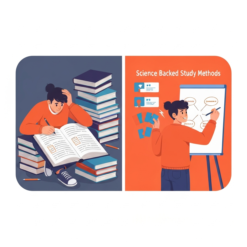 A vibrant, flat illustration depicting two contrasting study scenes. On the left, a student is passively sitting amidst a pile of textbooks, highlighting almost every line of text, appearing overwhelmed and disengaged, with a dim, muted color palette. On the right, the same student is actively engaged: using flashcards, self-testing with a confident expression, drawing a mind map on a whiteboard, and making eye contact as if explaining a concept. This scene uses a bright, energetic color palette, symbolizing effective learning and focus. The overall image should communicate a clear transition from ineffective to science-backed study methods.