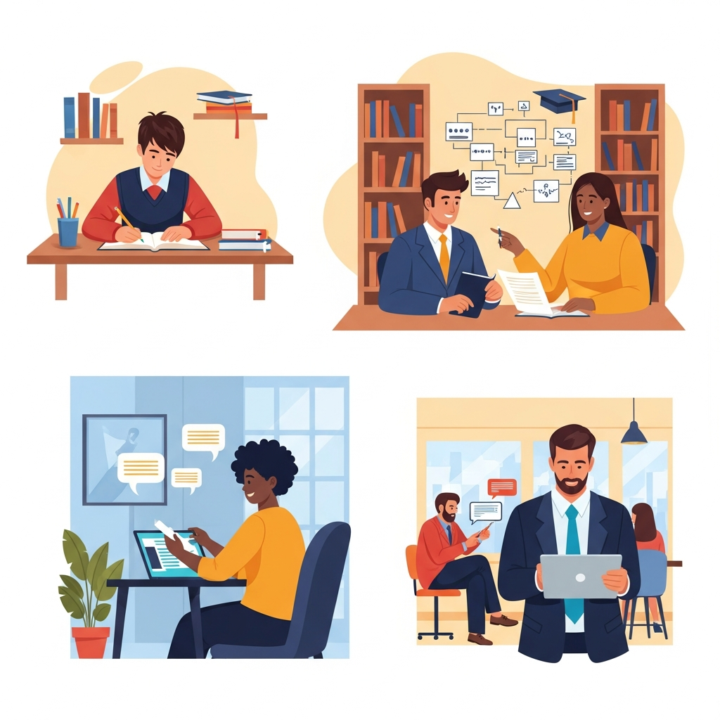 A vibrant, inclusive flat illustration showcasing a diverse group of individuals benefiting from effective study methods. This includes a young high school student focused on a project at a desk, a university student collaborating or reviewing complex concepts in a library setting, and an adult professional learning a new skill on a tablet in a modern co-working space. Each person appears actively engaged and confident, demonstrating successful learning across different life stages and environments. Style: Modern flat illustration with a warm, inviting color palette and diverse character designs.