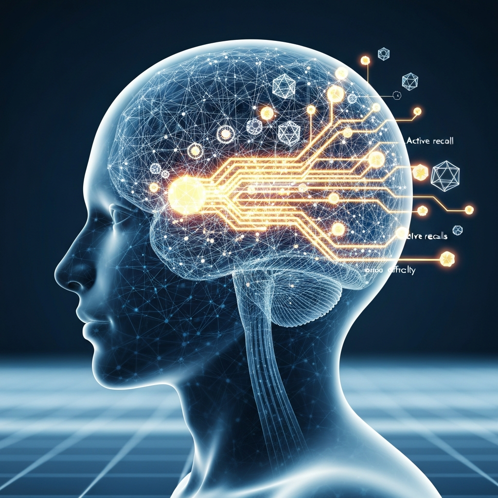 A modern, conceptual 3D illustration showcasing the active construction of knowledge within the brain. A translucent, stylized human head profile reveals an abstract network of glowing, interconnected neural pathways inside. As new 'knowledge nodes' (represented by geometric shapes or floating data points) are introduced, pathways dynamically strengthen, becoming thicker and brighter, illustrating active recall and desirable difficulty. The background is a clean, digital space, suggesting a futuristic understanding of cognitive science. The focus is on the dynamic, ever-evolving nature of learning and memory formation.