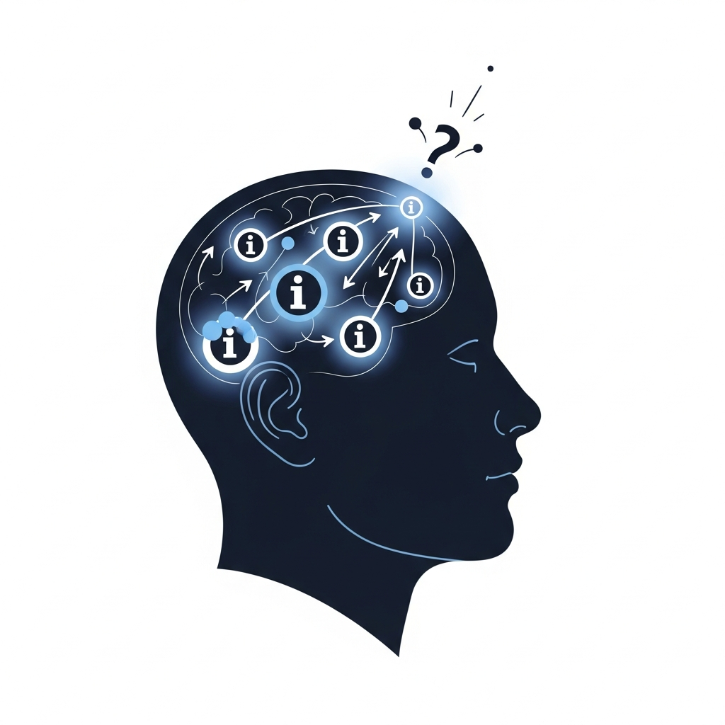 A conceptual illustration focusing on 'desirable difficulty' and 'retrieval practice.' A stylized human head is depicted in profile, with abstract, glowing information nodes or 'knowledge fragments' inside. Instead of information passively entering, visual arrows or lines represent the brain actively pulling these fragments from different areas to form a complete, cohesive thought or solution, culminating in a subtle 'eureka' glow or new connection being made at the top of the head. Style: Minimalist vector illustration with a thoughtful, reflective atmosphere, using a limited color palette emphasizing the active cognitive process.