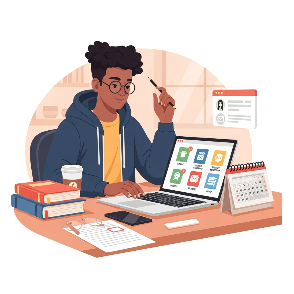 A modern flat illustration depicting a diverse college student efficiently managing multiple tasks. The student is seated at a clean desk, with a laptop open displaying icons of various online services (e.g., teaching, delivery), a textbook neatly stacked beside it, and a digital calendar indicating an organized schedule. A coffee cup and a smartphone are also present. The overall mood is focused and productive, not stressed, rendered with a warm and inviting color palette. The setting is bright and contemporary, suggesting a university environment.