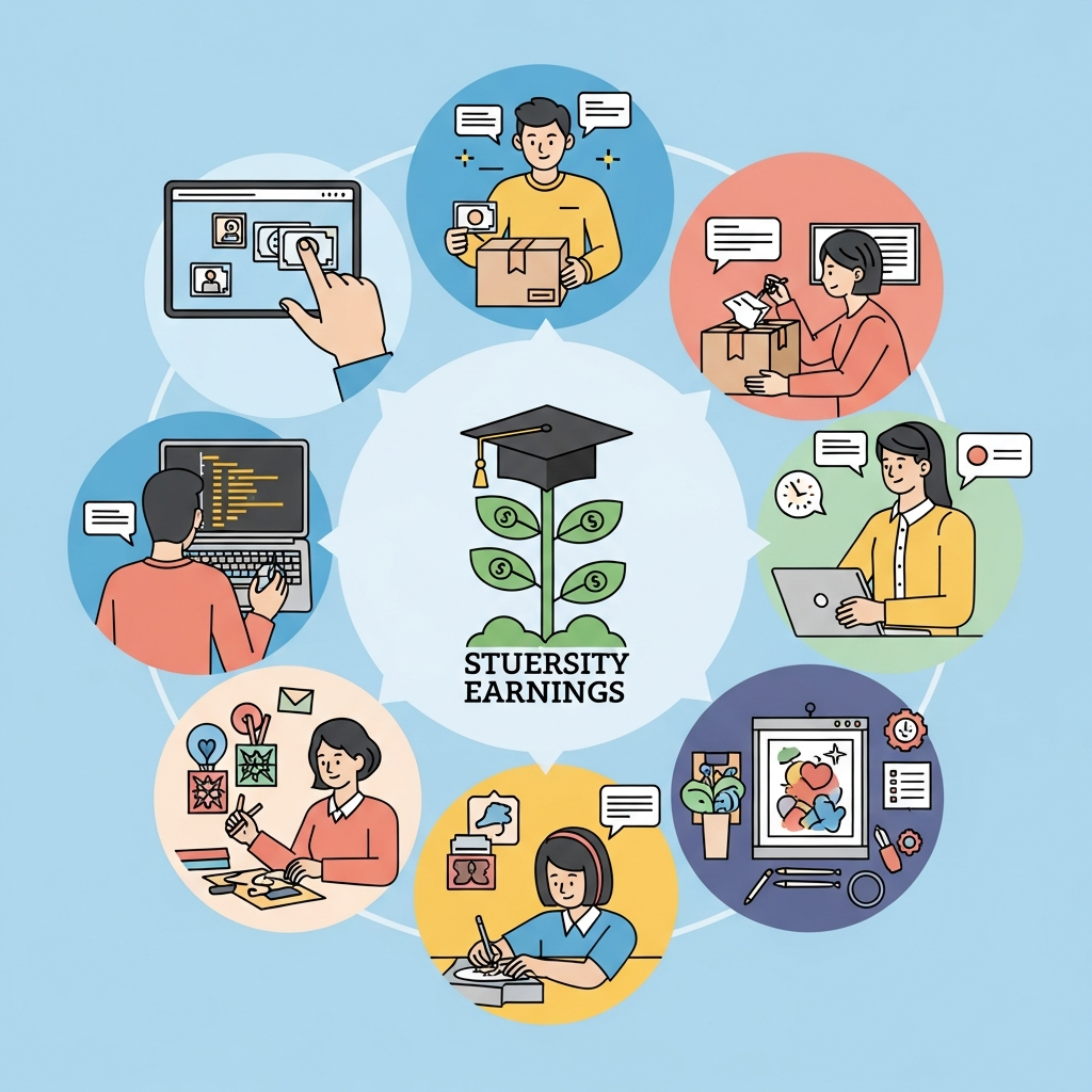 An intricate, vibrant infographic-style illustration presenting a collage of interconnected vignettes around a central theme of student earnings. In the center, a stylized icon representing a university graduate cap or a growing money plant. From this central element, several distinct mini-scenes radiate outwards: a hand tutoring online via a tablet, a person making a delivery, someone coding on a laptop, a student crafting handmade items, and another creating digital art. The scenes are visually distinct but unified by a clean, consistent color scheme.
