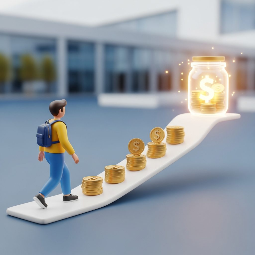 A conceptual 3D illustration showcasing a student's journey towards financial independence and growth. A stylized, diverse student figure is confidently walking along a path that gently ascends. The path itself is subtly composed of increasing stacks of coins and dollar symbols, symbolizing accumulated earnings and savings. In the distance, a bright, glowing symbol of financial security or a full savings jar is visible against a blurred background that hints at a modern university campus. The lighting is soft and optimistic, conveying achievement and progress.