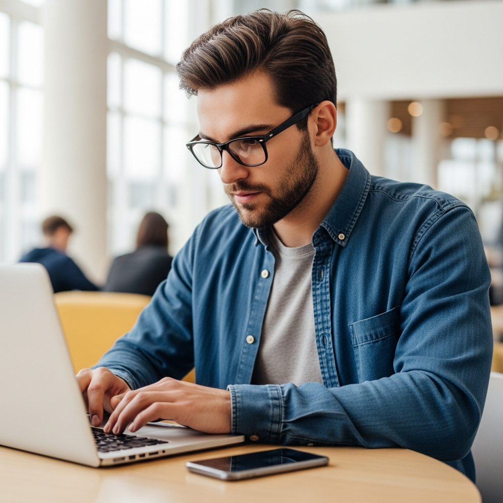 A professional, high-quality photo capturing a contemporary college student, mid-shot, intensely focused and engaged while working on a laptop. The student is situated in a bright, modern university setting, such as a campus lounge or a stylish library, with a subtly blurred background featuring other students or contemporary architecture. Natural, inviting light illuminates the scene, highlighting the student's determination and tech-savvy approach to side hustles. A smartphone is casually placed within reach on the desk.